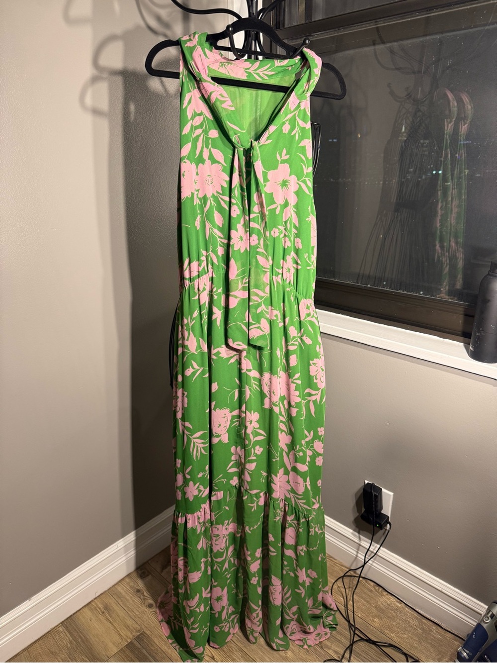 Women's Green & Pink Floral Maxi Dress - Sleeveless Tie Neck